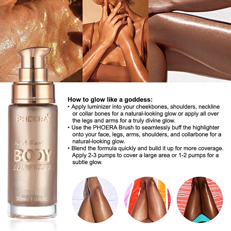 PHOERA High Gloss Waterproof Body Luminizer Glitter Face Shimmer Moisturizer Lotion Tan Cream Foundation Makeup Bronzer AQUAPURITY (102 Metallic Gold) - Image 4